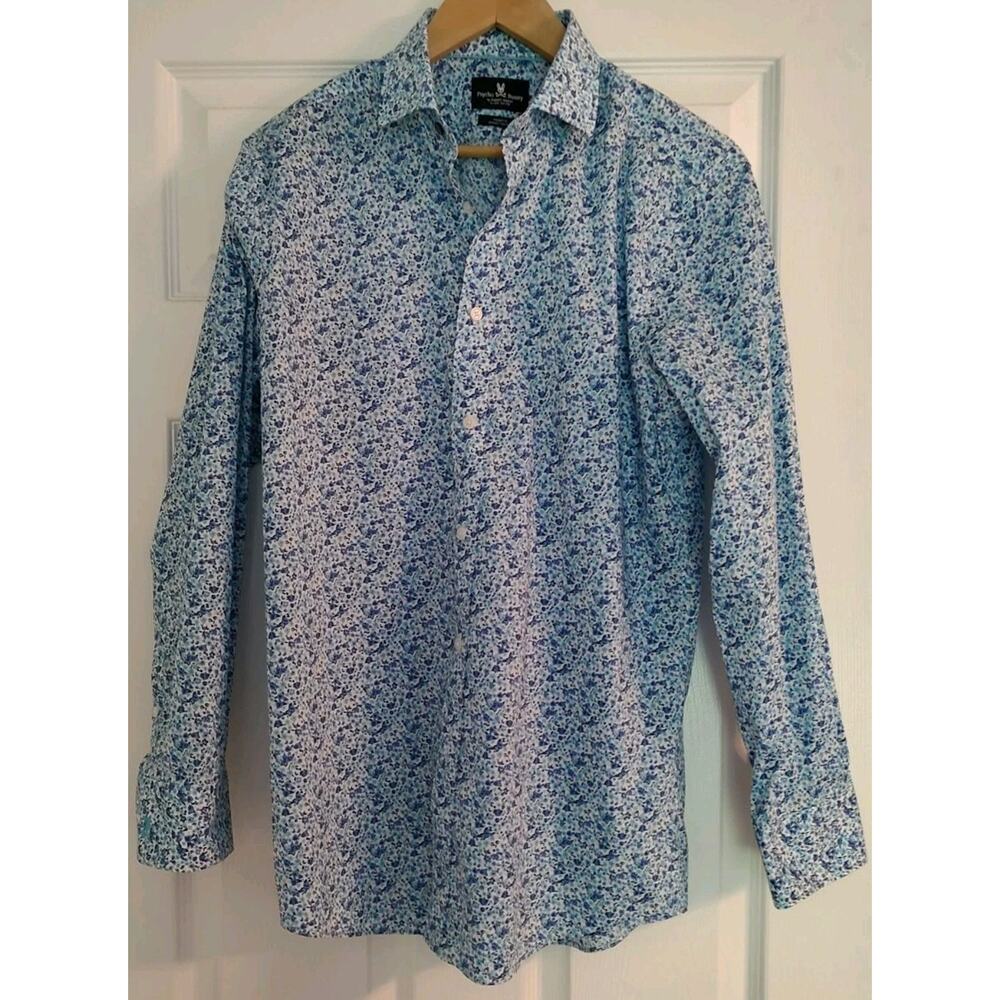Men's Psycho Bunny Shirt Blue Floral 100% Nylon Stretch Blend Modern Fit 15 1/2
